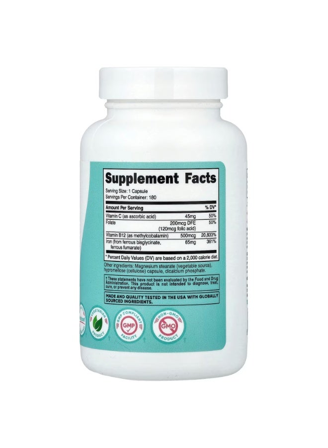 Nutricost, Women, Iron With Vitamin C, Folate, & Vitamin B12, 180 Capsules - Image 2